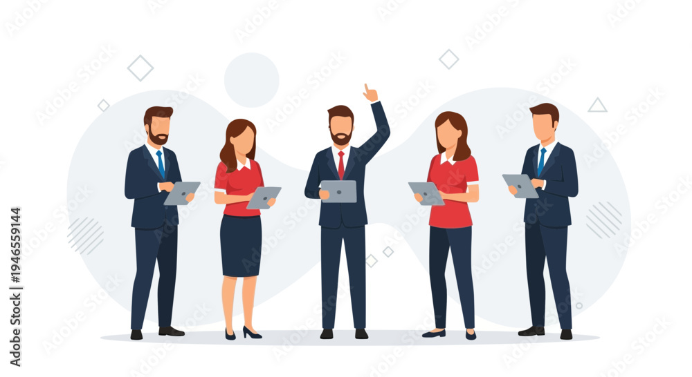 Fototapeta premium Business Team Collaboration: Leader Points Up, Colleagues Use Tablets