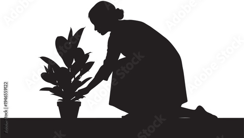 Silhouette of a woman tending to a potted plant with lush green leaves, capturing a moment of quiet care and domesticity.