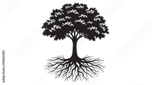 Tree silhouette with detailed roots and branches against a white background, representing nature and growth