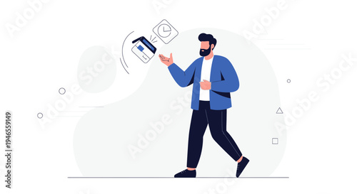 Man juggling business icons: house, clock, chart. Concept of multitasking, planning, time management.