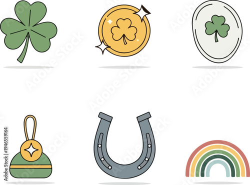 Collection of lucky charm icons including a four-leaf clover, gold coin, horseshoe, and rainbow, symbolizing good fortune and St. Patrick's Day celebration.