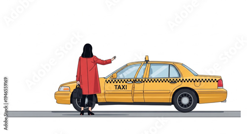 Woman Hailing Yellow Taxi Cab.