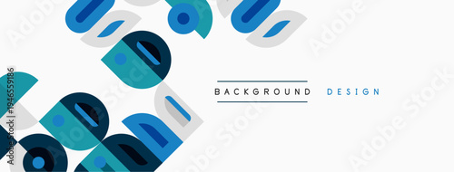 Abstract geometric shapes overlap, creating dynamic visual texture. Blue, teal, gray tones dominate neutral background. Modern design element.