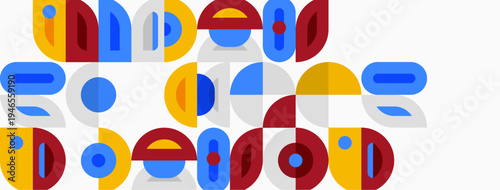 Abstract geometric shapes form colorful text. Red, blue, yellow dominate composition. Modern design, playful aesthetic.