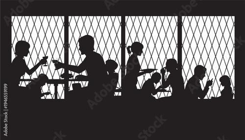 People silhouettes gathered at tables enjoying a meal or drinks indoors behind a decorative lattice window pattern in dark black.