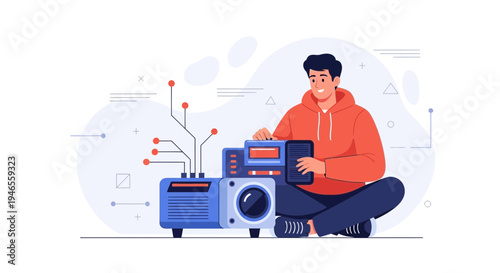 Young man with tablet near futuristic electronic device, technology concept