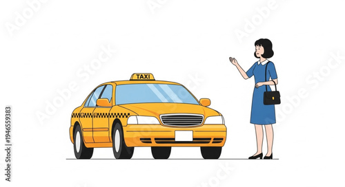Woman hailing yellow taxi cab.