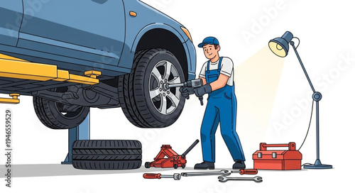 Mechanic changing car tire.