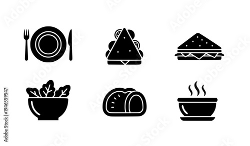 Restaurant meal icons sandwich salad plate and cutlery black vector set