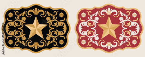 Sheriff Star Badge Rodeo Cowboy Belt Buckle Vector Featuring Wild West Cowboy Style Tag Stylized Western Texas Five-Point Emblem Decorative Accessory Illustration Classic Western Design