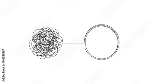 Line art abstract representation of a tangled mess transitioning into a smooth circle, symbolizing clarity from chaos.