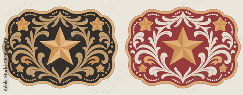 Sheriff Star Badge Rodeo Cowboy Belt Buckle Vector Featuring Wild West Cowboy Style Tag Stylized Western Texas Five-Point Emblem Decorative Accessory Illustration Classic Western Design