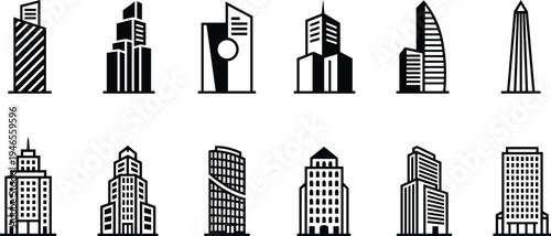 Black and white vector skyscraper and office building icons, modern urban architecture design collection for city planning and illustration