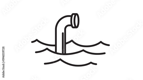 Submarine periscope peeking above wavy ocean water surface with stylized black outlines on a clean white background, simple icon.