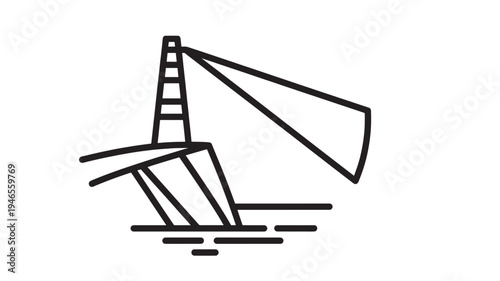 Lighthouse standing on a cliff with light beam shining over the water, minimalist vector illustration
