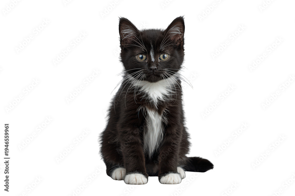 Fototapeta premium Curious small domestic feline kitten with black fur and white markings on chest, paws, and face, sitting calmly