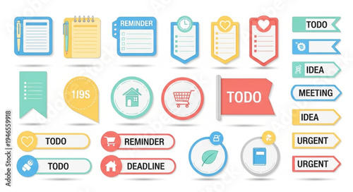 Colorful and Organized Collection of Planner Stickers and Icons for Task Management.