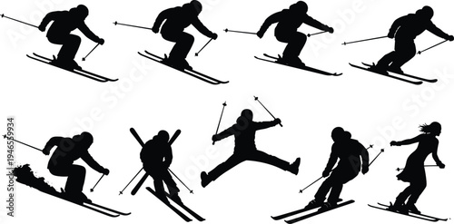 Black silhouette skier illustrations in dynamic poses including jumping, carving, crouching, skiing techniques artwork for winter sports design
