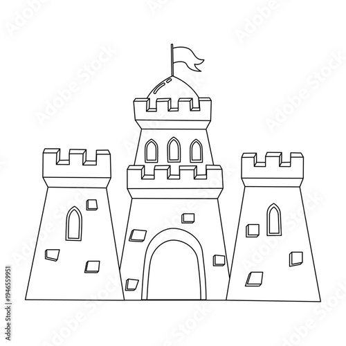 Sand castle coloring page outline for kids. Black and white sandcastle illustration with towers and flags isolated on white background. Children activity.
