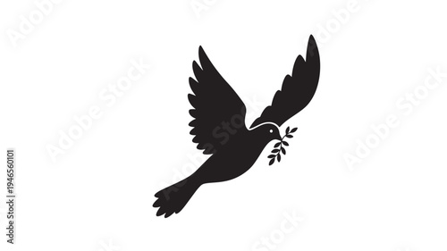 Dove carrying a branch of leaves in its beak, symbolizing peace and hope in flight against a white background.
