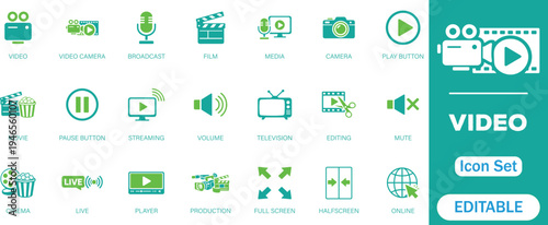 Video and online solid editable icon set. Collection for streaming, editing, filming , live, media and more symbol icons designs.
