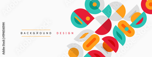 Abstract geometric shapes overlap, creating colorful background design. Modern style uses circles, ovals, rectangles.