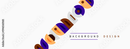 Abstract colorful shapes cascade diagonally across white space. Minimalist design elements suggest modern aesthetic. Background features simple text labels.