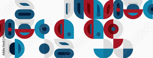 Abstract geometric pattern. Red, blue, gray shapes overlap creating modern design. Minimalist aesthetic, clean lines present.