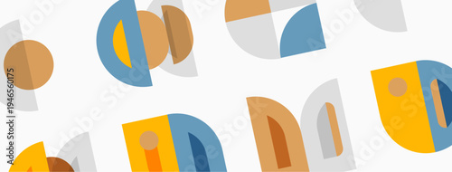 Abstract geometric pattern. Shapes overlap, creating modern design. Colors include blue, brown, yellow, gray. Minimalist aesthetic.