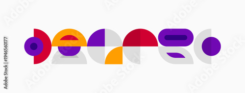 Abstract geometric shapes, vibrant colors, modern design. Composition features overlapping circles, rectangles, curves. Minimalist aesthetic.