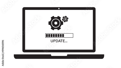 Laptop screen displaying gears and a progress bar for software update process on a white background with black outline, representing system