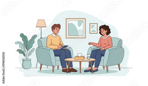 A vector graphic illustration of a therapist and patient in a counseling session