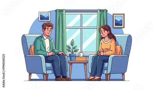 A vector graphic illustration of a man and woman in a therapy session
