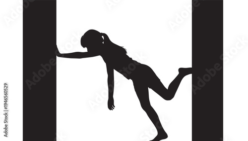 Silhouette of a girl with a ponytail leaning against a pillar with one leg raised featuring black and white, column, exercise with fitness and yoga