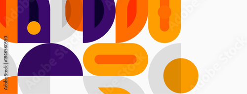 Abstract geometric shapes, orange, purple hues. Minimalist design, flat illustration, modern aesthetic. Clean lines, simple forms, balanced composition.