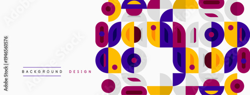 Abstract geometric pattern. Purple, yellow, white shapes create modern design. Minimalist style, clean lines, vibrant colors.