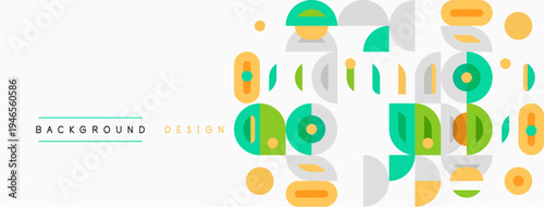Abstract geometric shapes, circles, rectangles, lines create modern background. Yellow, green, beige colors dominate composition. Minimalist design.