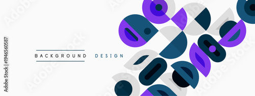 Abstract geometric shapes overlap, creating dynamic visual pattern. Minimalist design uses purple, gray, black, white colors.