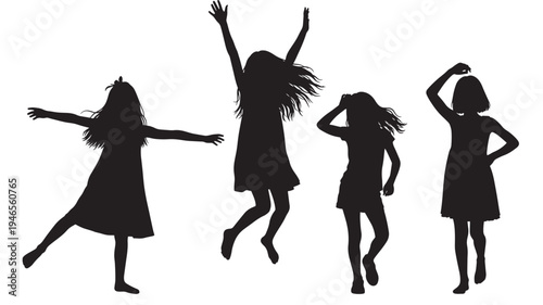 Silhouettes of four girls dancing and jumping with joy in playful poses on a white background featuring girl, silhouette, happy with children and