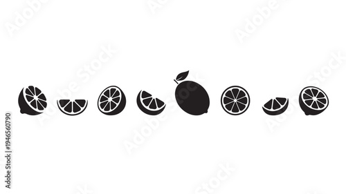 Lemons set with whole and sliced citrus fruits featuring a leaf, presented as simple black icons on a white background.