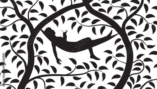 Person lounging in a hammock strung between tree branches with leaves creating a patterned background.