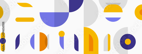 Abstract geometric shapes, circles, rectangles, text studio. Yellow, purple, gray colors dominate composition. Modern design elements present.