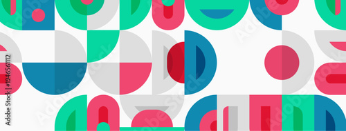 Abstract pattern features overlapping colorful semicircles, circles. Design includes pink, teal, gray hues on white background. Simple, modern aesthetic.