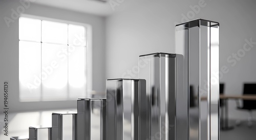 High-quality 3D glass bar chart standing in a modern blurred office background representing financial growth business success and professional analytics