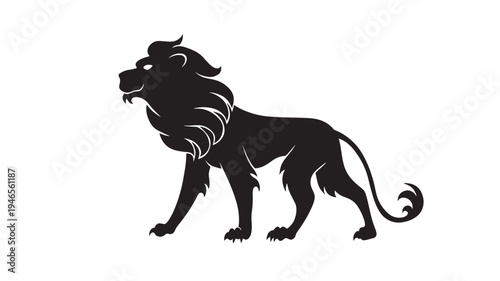 Lion silhouette with stylized flowing mane and curled tail in bold black vector style standing in profile as an ornate heraldic emblem
