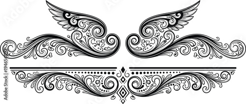 Decorative Black and White Symmetrical Ornament Featuring Intricate Victorian Swirls Majestic Bird Wings and Elegant Floral Curves Isolated on White Background for Luxury Branding Design Illustration