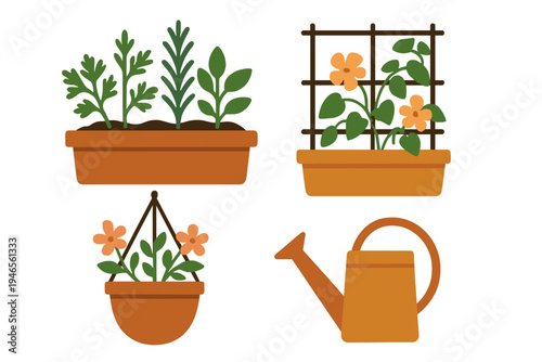 Colorful plants arranged in pots, a trellis, and a watering can in a gardening setup