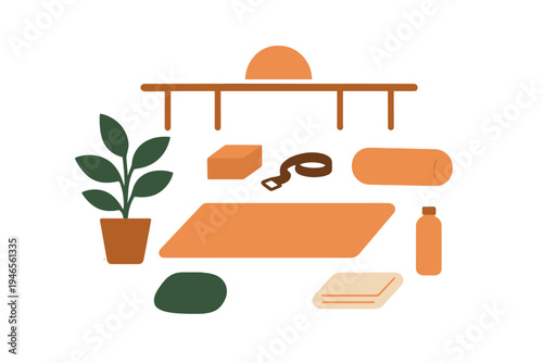 Yoga essentials for a calming practice in a serene home environment with natural elements displayed