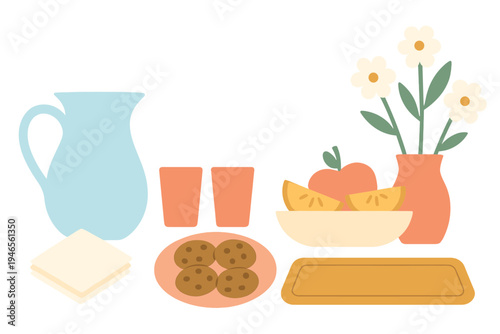 Refreshing summer picnic setup with fruits, cookies, and drinks on a bright table