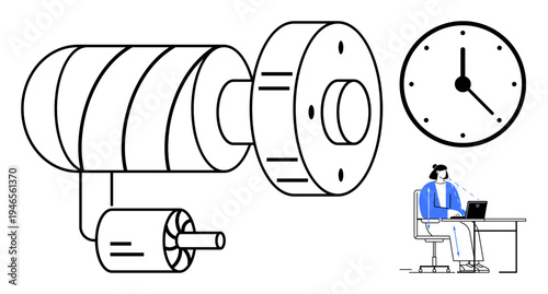 Industrial machinery design. Industrial machinery focus engineering innovation, remote work efficiency, and time management visualization. Ideal for manufacturing, engineering processes, remote work